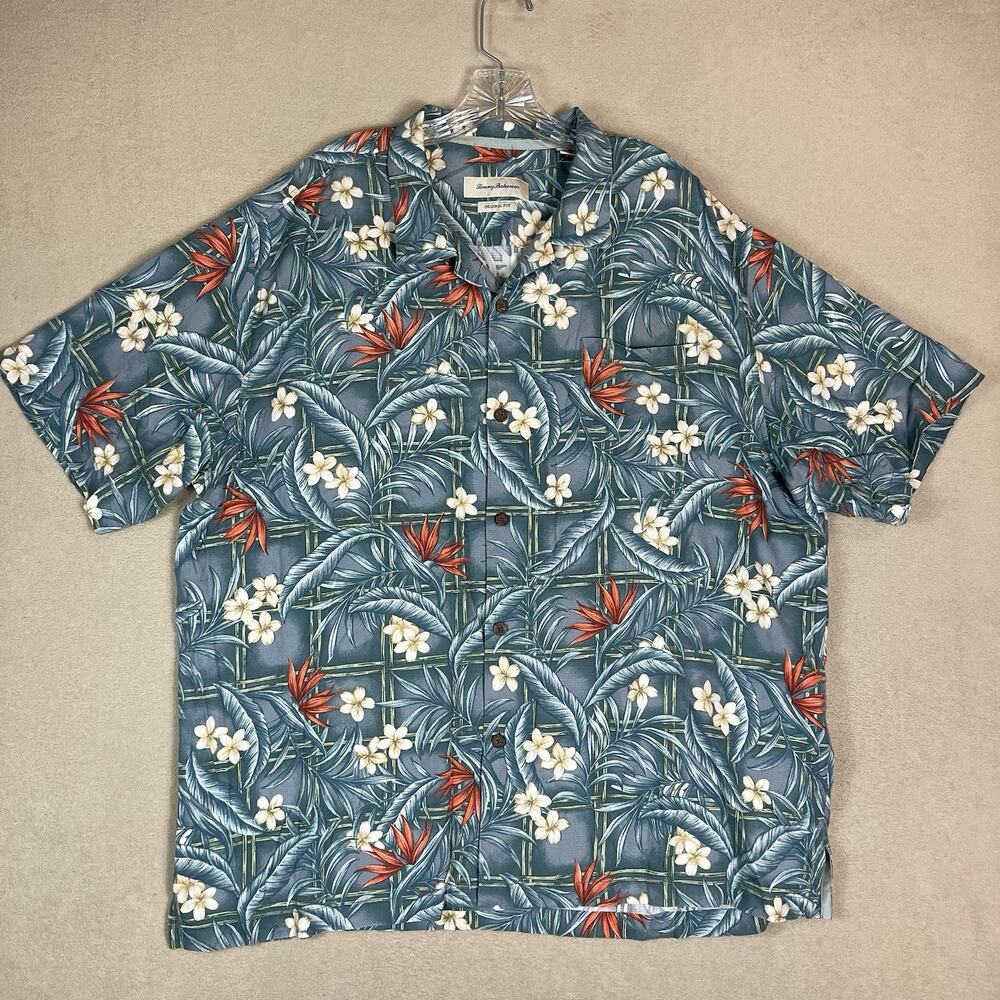 Tommy Bahama Shirt Mens‎ XXL Green Hawaiian Floral Silk Short Sleeve Relaxed